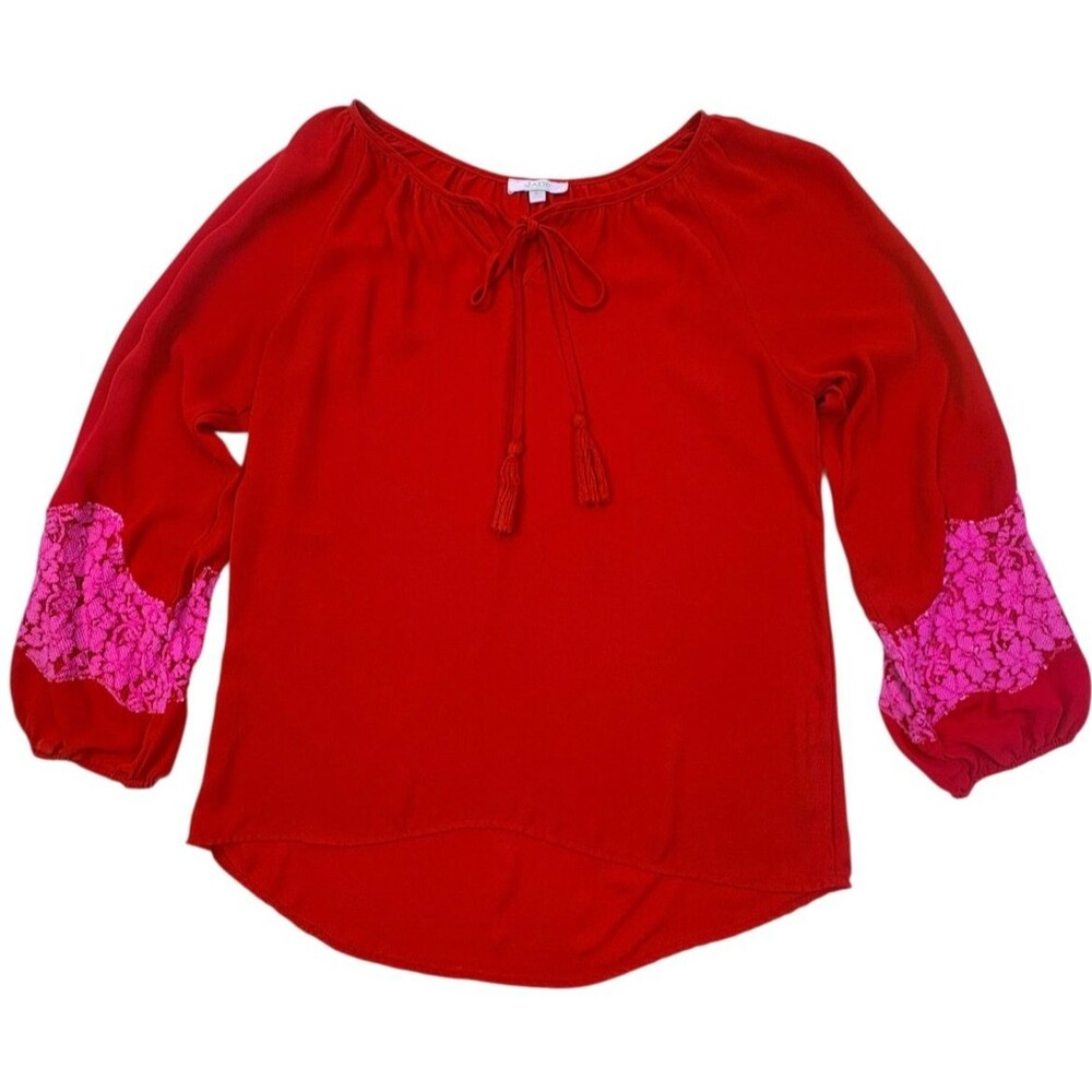 Jade Melody Tam Lace Sleeve Blouse Red Pink Tassel Tie Peasant Top Boho Size S